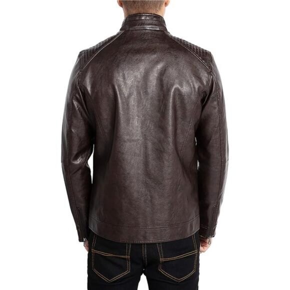 Brown Faux Leather Motorcycle Jacket Textured Stand Collar Bomber Coat Outerwear - Picture 5 of 7